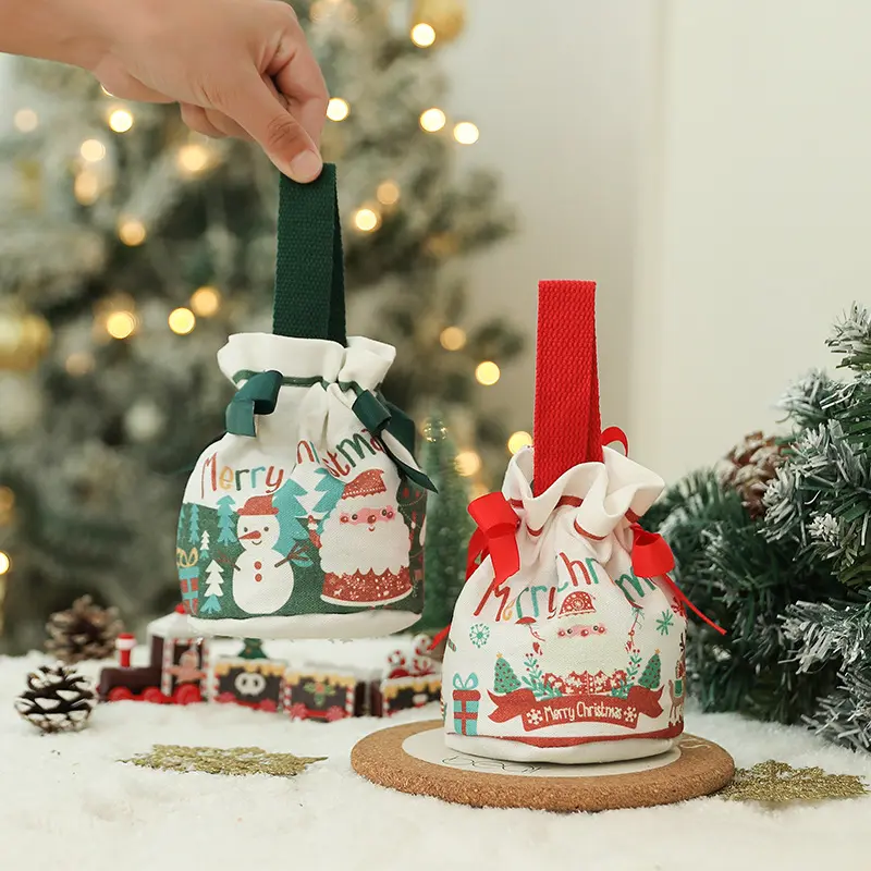 Merry Christmas Gift Drawstring Bag Apple Cookie Candy Packaging Cotton Linen Drawstring Pouch