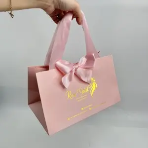 Gold foil logo pink paper bags with handle paper gift bag custom tote bag groceries