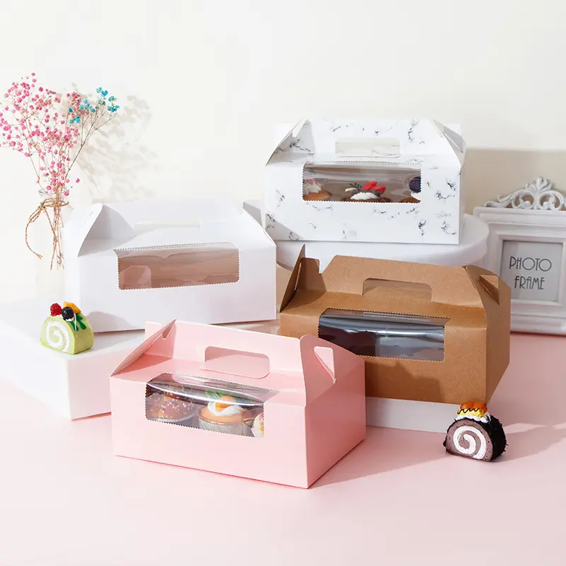 Wholesale cupcake take-out paper box packaging handle boxes for small business