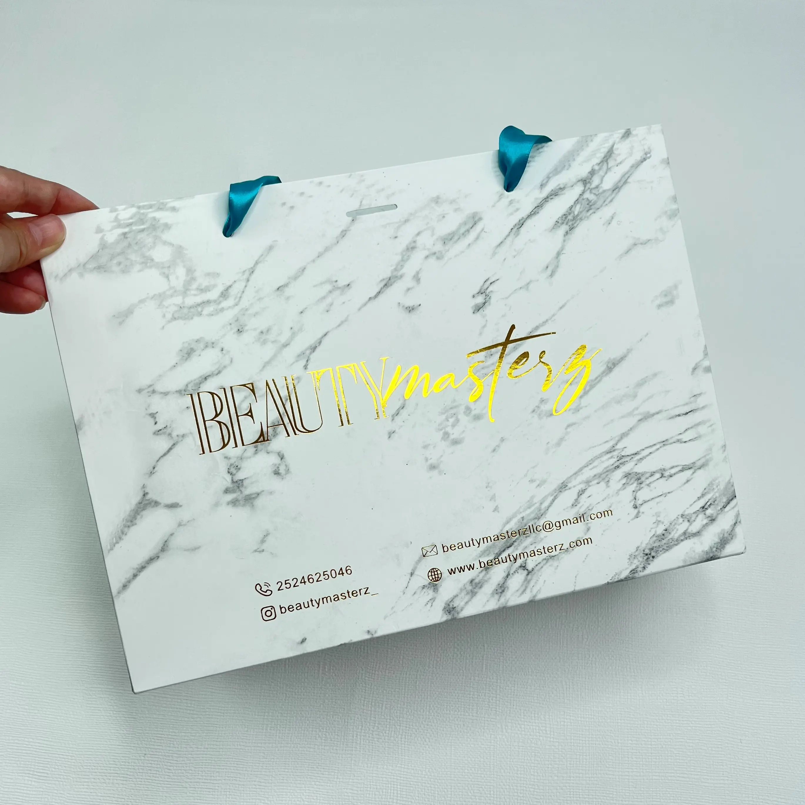 Recyclable marble texture paper shopping bag with ribbon handle