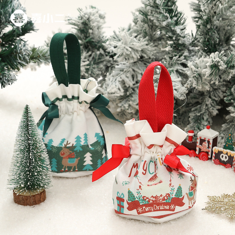 Merry Christmas Gift Drawstring Bag Apple Cookie Candy Packaging Cotton Linen Drawstring Pouch
