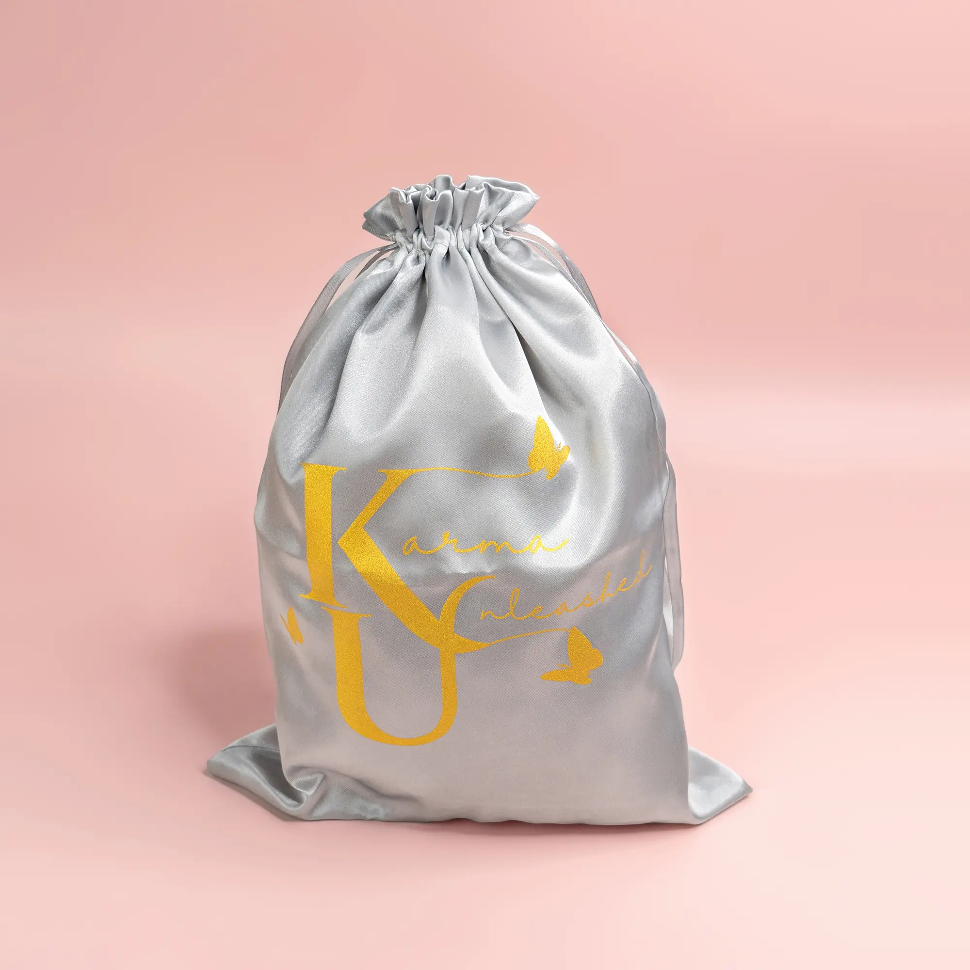 Custom Logo Silver Silk Satin Drawstring Bag Fo...