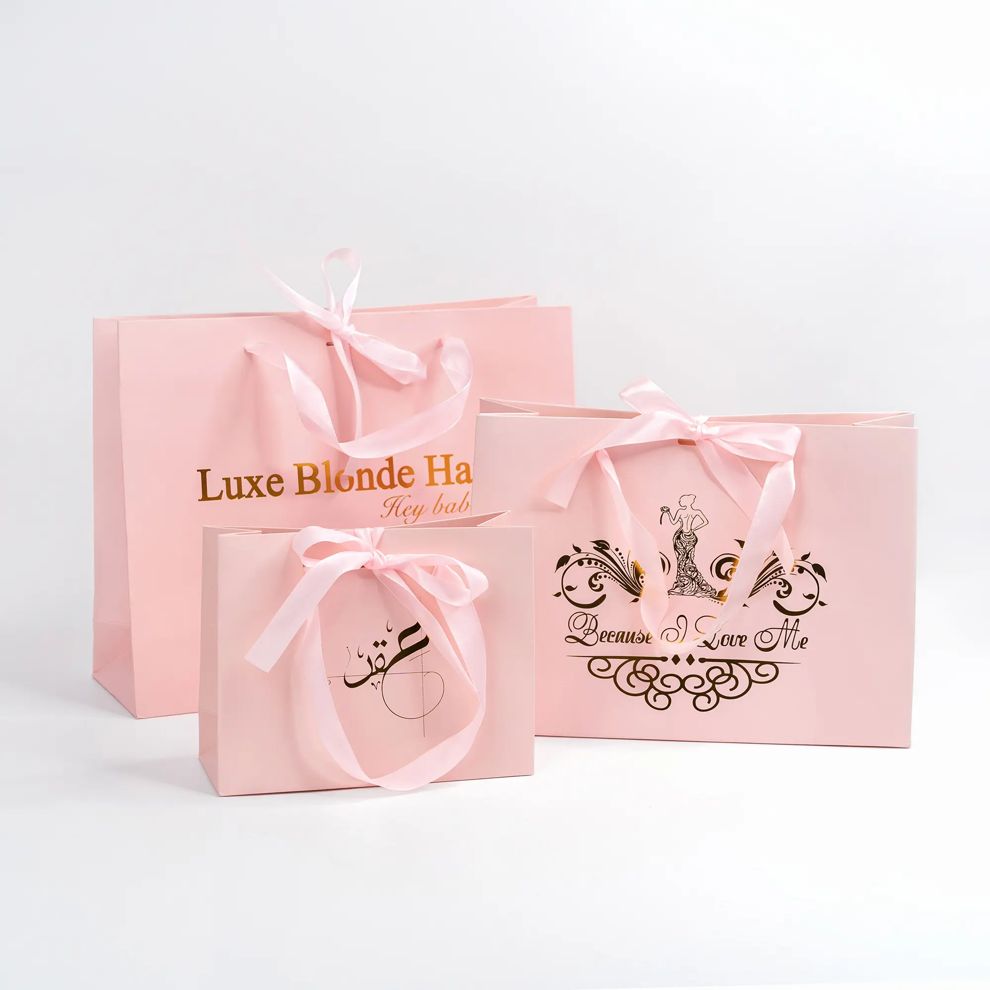 Custom pink paper bag with foil stamping printed