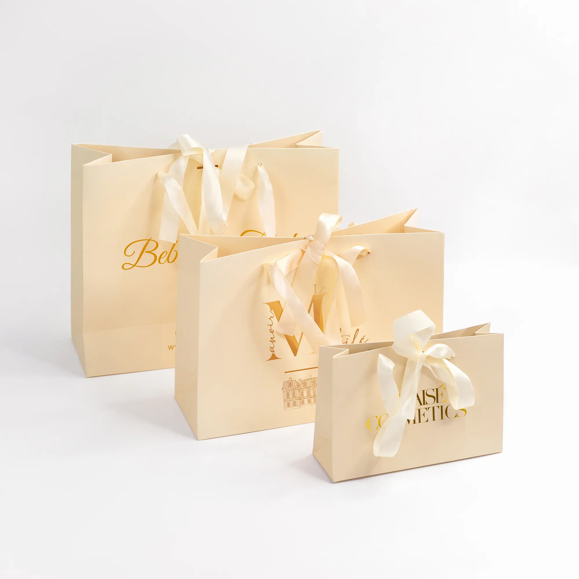 Custom Logo Beige Paper Shopping Bag With Ribbon Handle