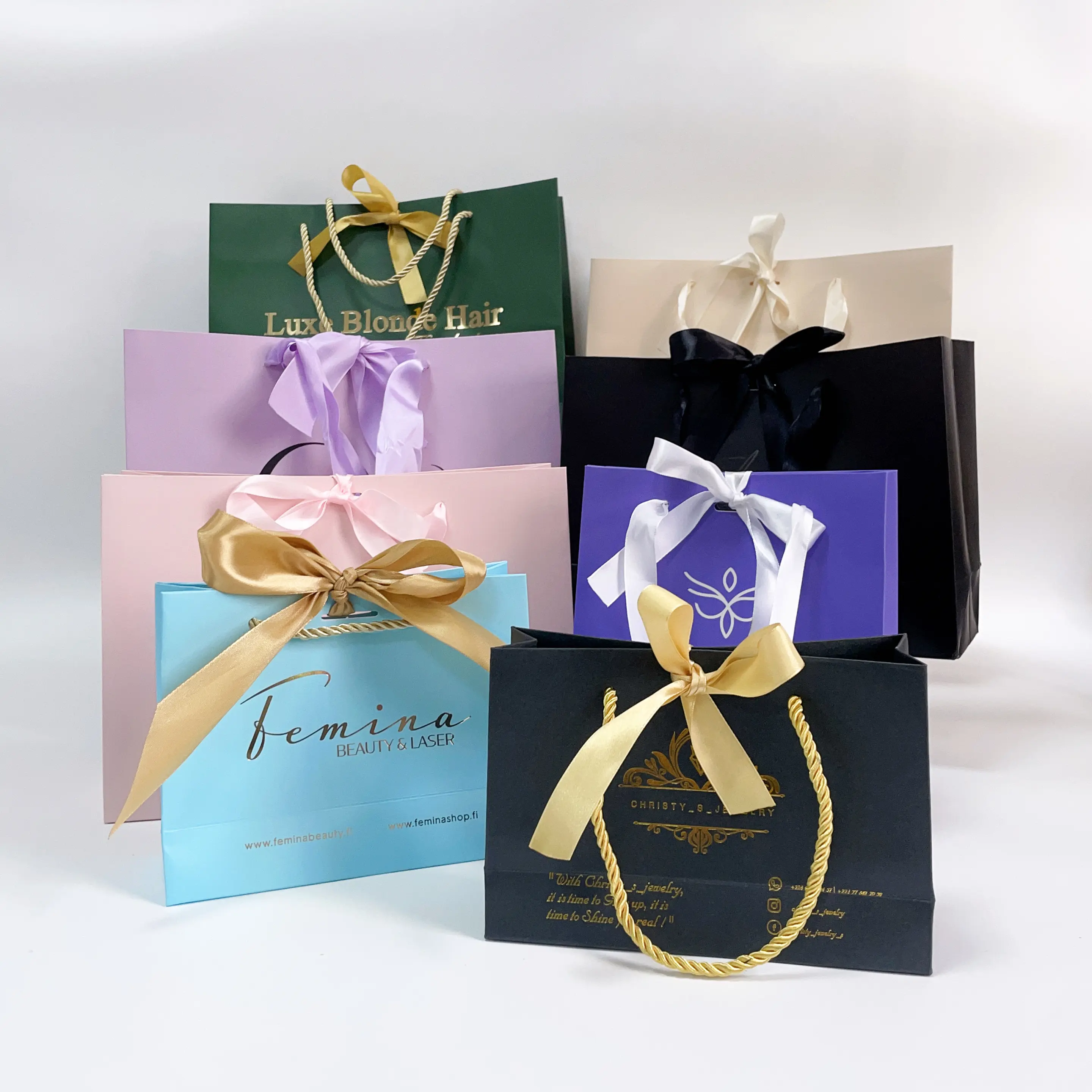 Custom Logo Beige Paper Shopping Bag With Ribbon Handle