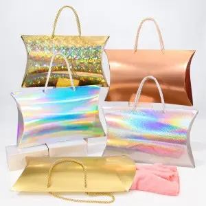 32x20x6cm custom logo laser pillow shape paper shopping bag gift bag with handle for small business