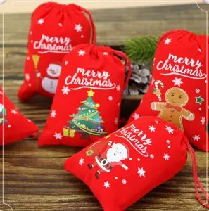 Customized printed gift packaging drawstring christmas bag velvet string pouch bag for clothes