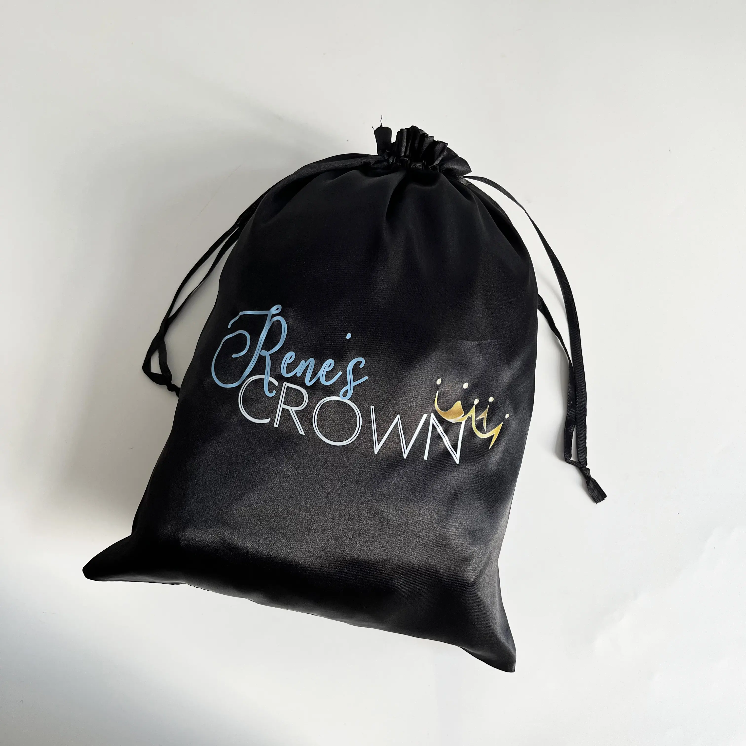 Luxury Black Satin Drawstring Bag With Logo For Wig