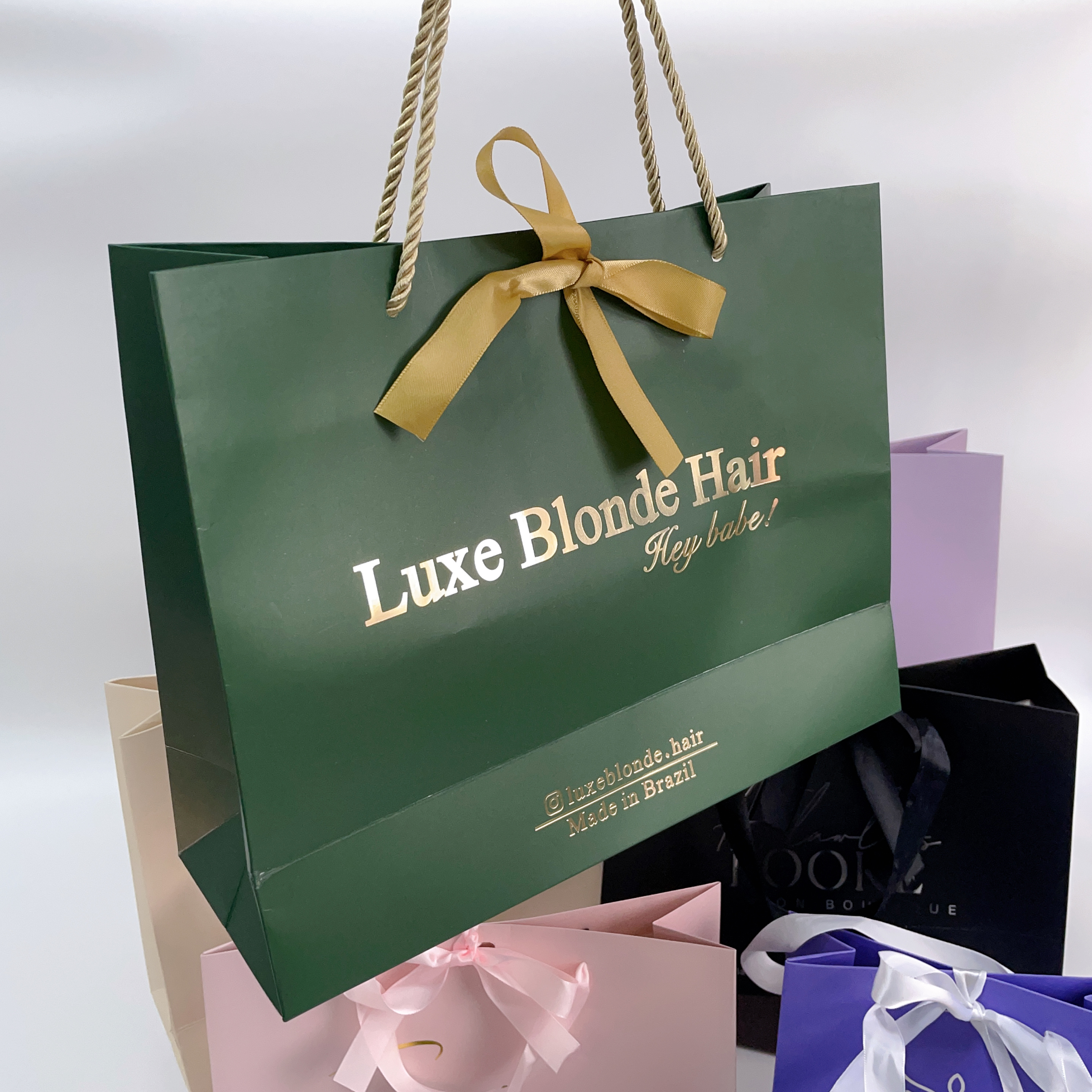 Custom Logo Beige Paper Shopping Bag With Ribbon Handle