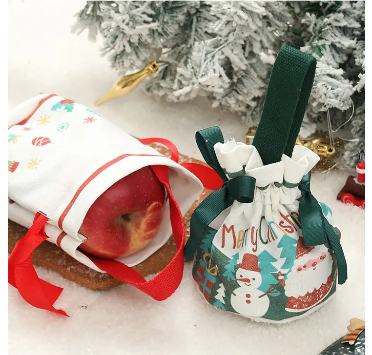 Merry Christmas Gift Drawstring Bag Apple Cookie Candy Packaging Cotton Linen Drawstring Pouch