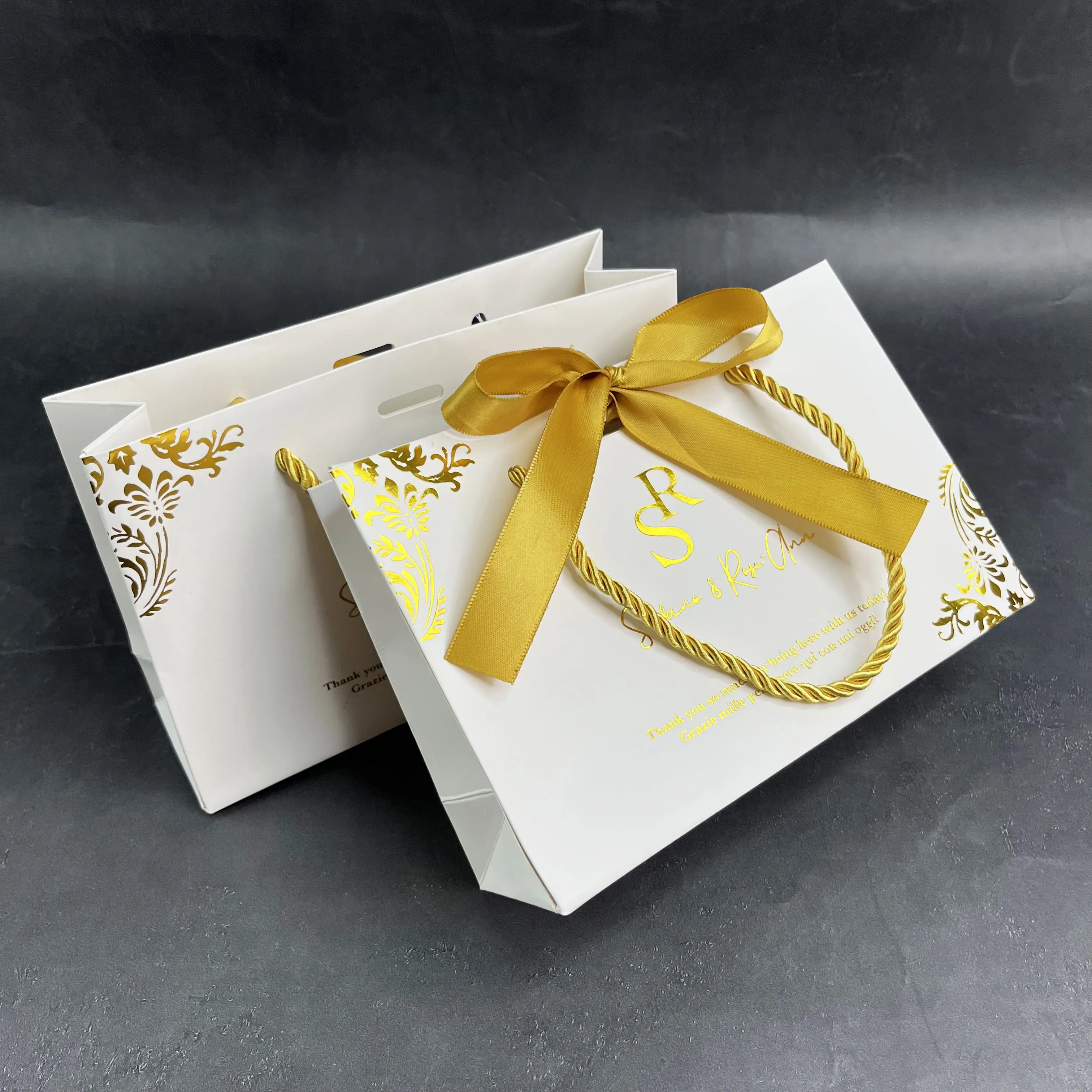 Custom Logo Beige Paper Shopping Bag With Ribbon Handle