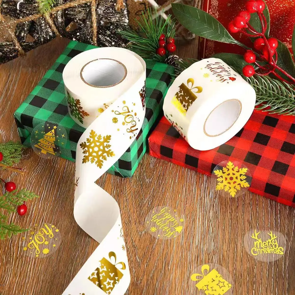 Christmas custom transparent round pvc sticker with gold foil logo printed
