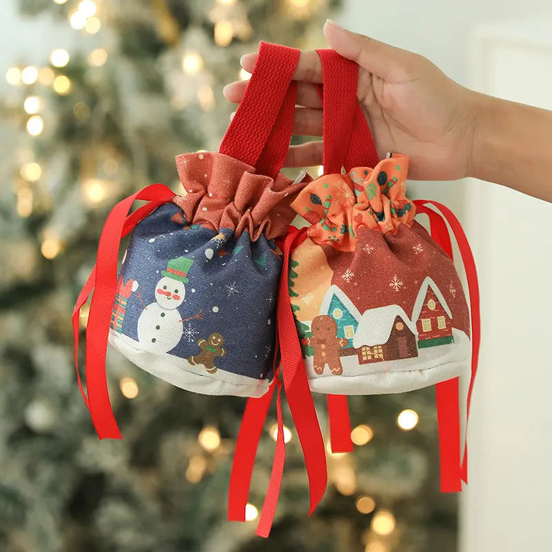 Merry Christmas Gift Drawstring Bag Apple Cookie Candy Packaging Cotton Linen Drawstring Pouch