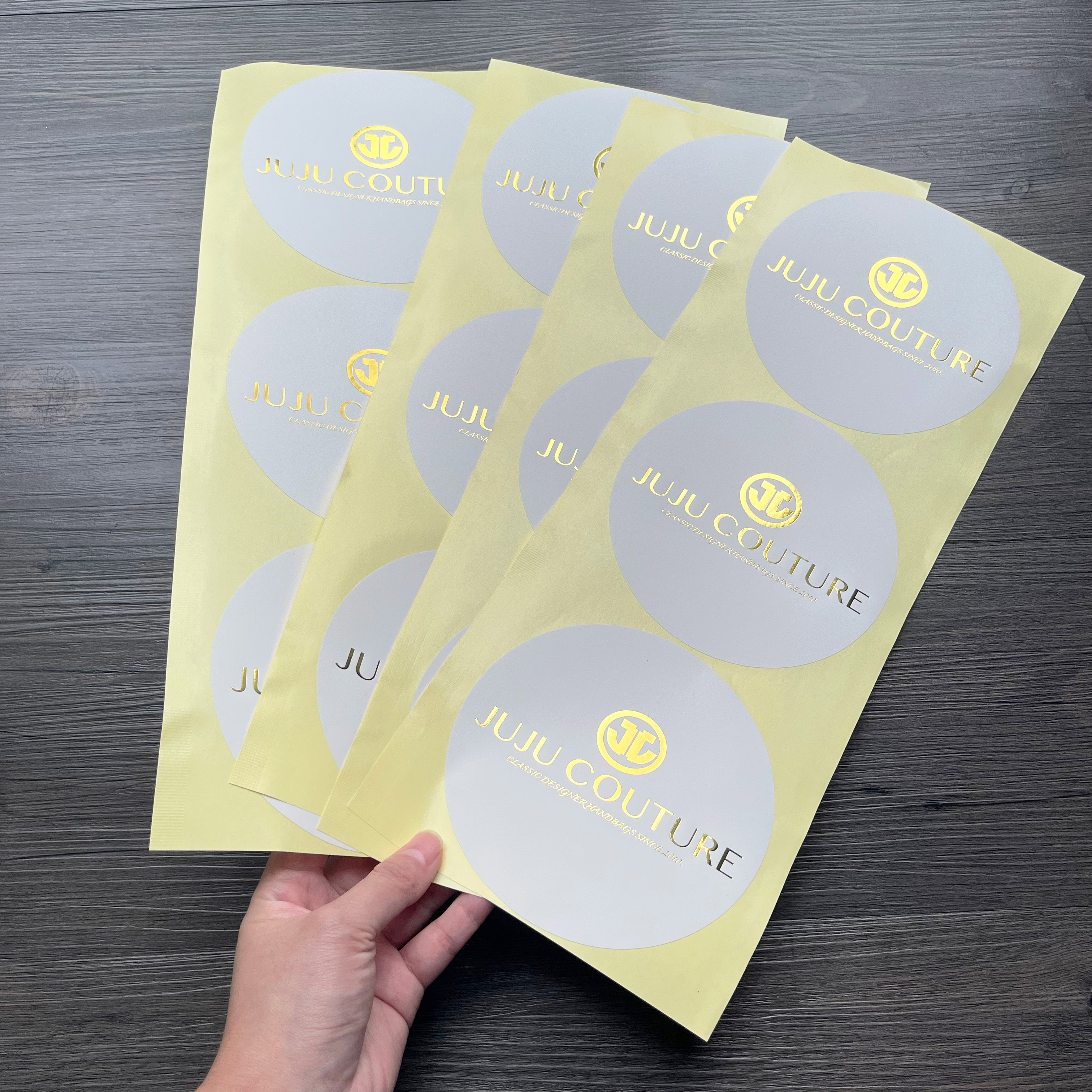 Custom 5inch diameter round sticker label with gold foil logo