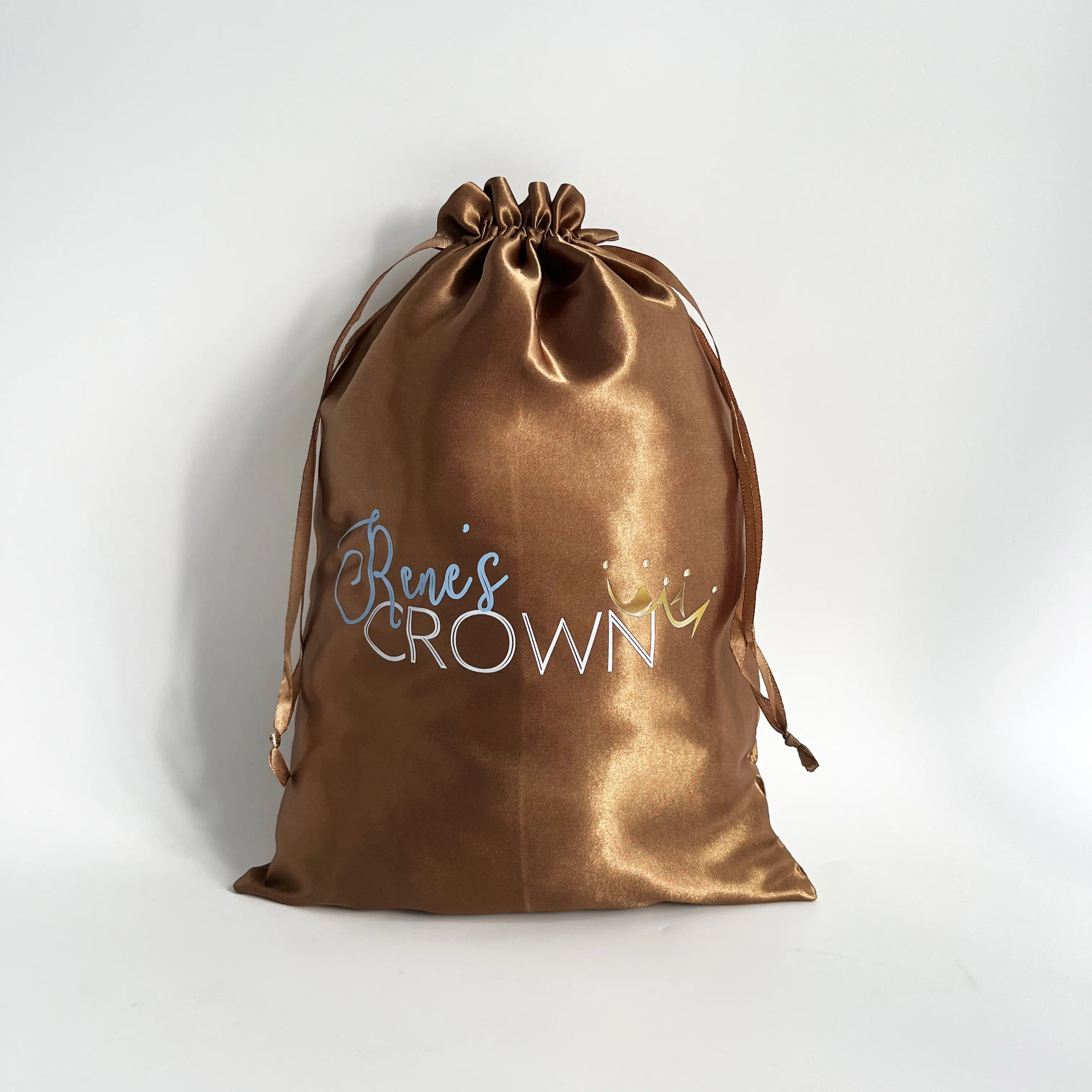 Luxury Black Satin Drawstring Bag With Logo For Wig